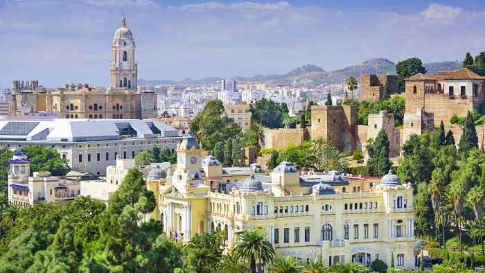 Malaga, general view of Cathedral, City Hall and Alcazaba